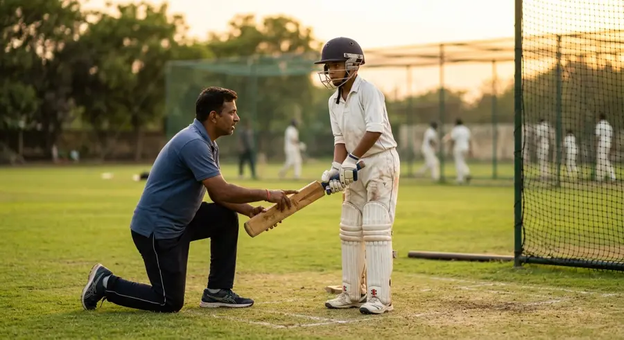 Young academy cricketer with a coach