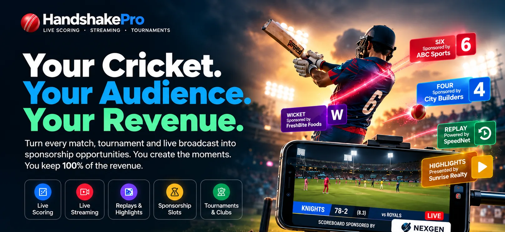 Your Cricket. Your Audience. Your Revenue. — sponsor graphics on a live cricket stream