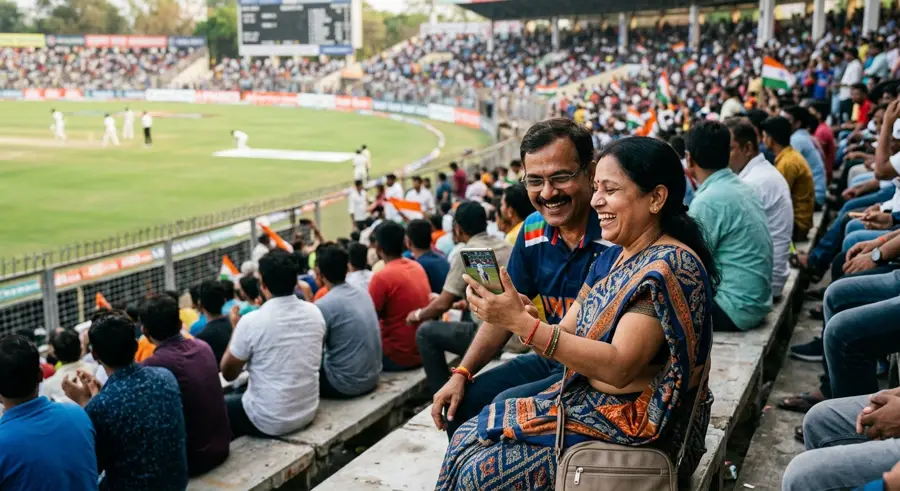 Parents and fans following a cricket match on their phones
