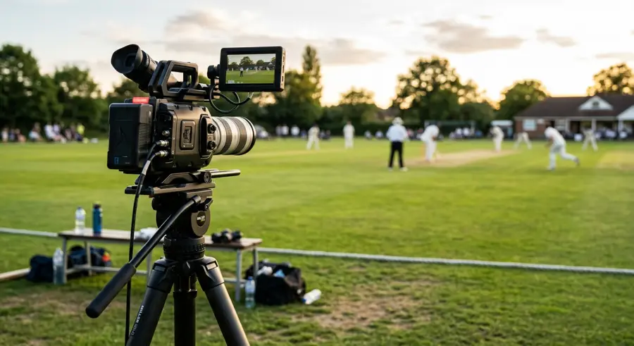 Camera on a tripod streaming a local cricket match